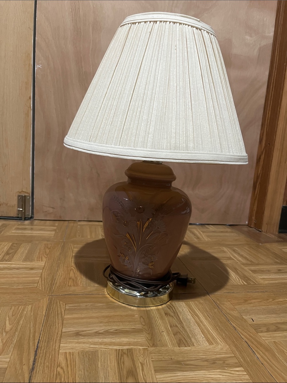 Cream Shade Brown Floral Ceramic Table Lamp - Unbranded